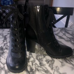 Platform black leather, lace up booties with side zipper, size 10, worn once